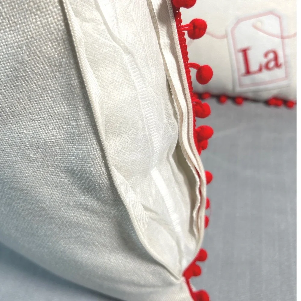 Christmas Holiday Fa La La Tea Bag Decorative Throw Pillow with Pom Poms Red Zip